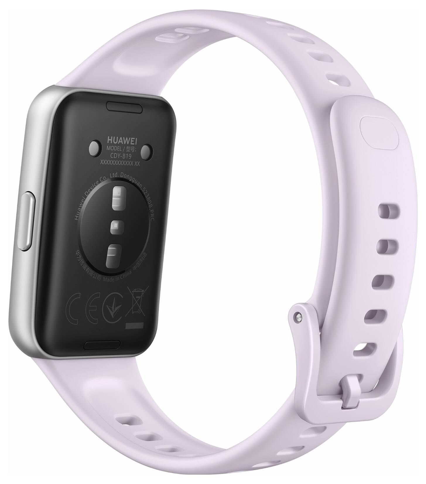 Rückansicht einer Smartwatch mit rosa Armband, die den Herzfrequenzsensor und das Markenlogo zeigt.