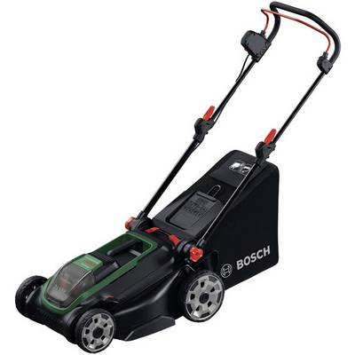 Ein schwarzer und grüner Rasenrasenmäher von Bosch mit Fangkorb, Griff und Batterieabteil, konstruiert für die Rasenpflege.
