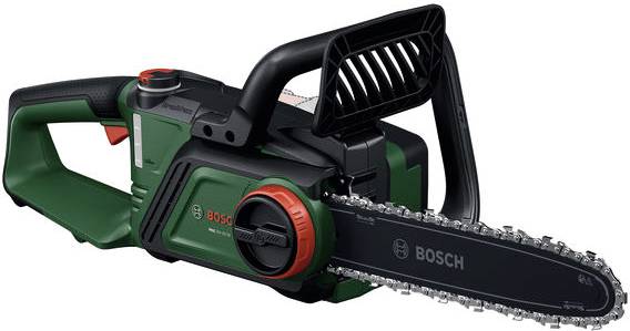 Eine grüne Bosch-Elektrokettsäge mit schwarzem Blatt und ergonomischem Griff, ausgestattet mit einem Sicherheitsschutz oben und einem Einstellknopf an der Seite.
