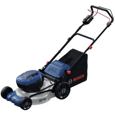 Kabelloses Rasenmäher mit blauem und schwarzem Design, mit "Bosch"-Branding auf dem Grassammelkorb.