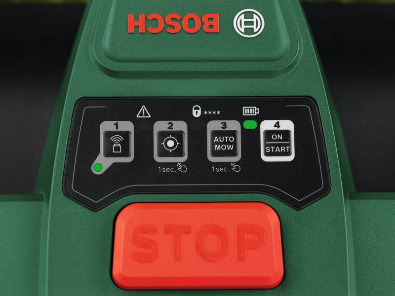 Bedienfeld einer "Bosch" Rasenmähers mit Tasten für verschiedene Modi, einschließlich "AUTO MOW", "ON START" und einer großen Taste "STOP".