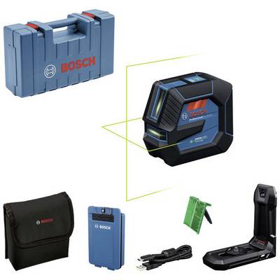 Bosch Laser-Mesgerät-Set einschließlich eines Laser-Mesgeräts, Schutzkoffer, Zielplatte, Stativadapter, Netzteil und Aufbewahrungstasche.