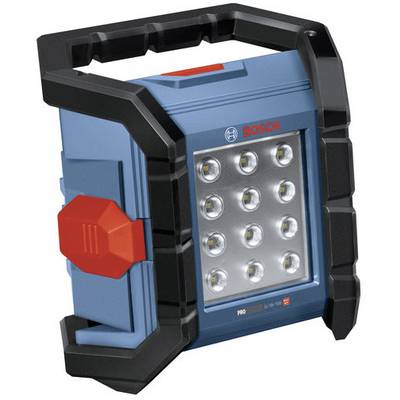 Ein tragbares blaues Bosch-LED-Arbeitsleuchte mit schwarzem Rahmen und roten Akzenten, mit einer rechteckigen Leuchte mit zwölf LED-Birnen.