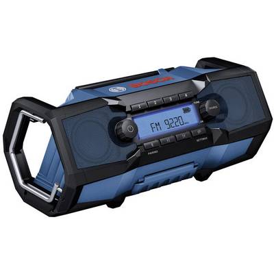 Ein tragbares Radio in Blau und Schwarz mit der Anzeige „FM 92.20" auf seinem digitalen Bildschirm, mit Steuertasten und zwei Lautsprechern auf jeder Seite.