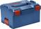 Eine blaue Bosch L-Boxx Lagerkiste mit schwarzem Griff und roten Verschlüssen zum Organisieren und Transportieren von Werkzeugen.