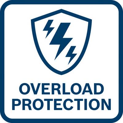 "Überlastschutz"-Symbol mit einem Schild und zwei elektrischen Blitzsymbolen im Inneren, das auf Sicherheit vor elektrischer Überlastung hinweist.