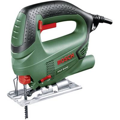 Grüne und schwarze Bosch PST Easy Stichsäge mit dem Label "Low Vibration", ausgestattet mit einem roten Schalter und einem Metallblatt zum Schneiden.