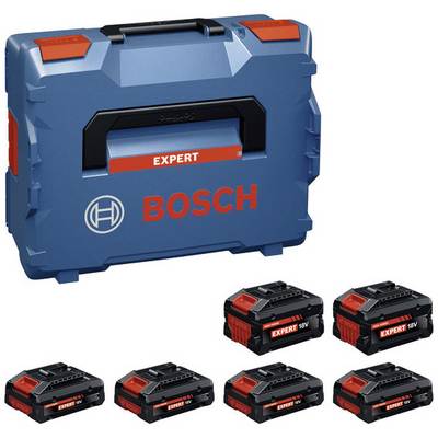 Blauer Bosch-Werkzeugkoffer mit der Bezeichnung „EXPERT" mit schwarz-roten 18-V-Batterien daneben.