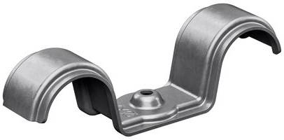 Eine Metallrohr-Sattelschelle in 'W'-Form, die zur Unterstützung von Rohren in Installationen verwendet wird und ein zentrales Befestigungsloch aufweist.