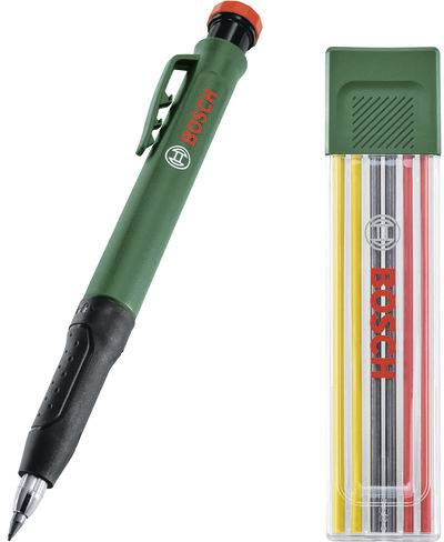 Ein grüner mechanischer Bleistift und ein Etui mit farbigen Minen mit „BOSCH"-Branding. Das Set enthält Minen in den Farben Schwarz, Rot und Gelb.