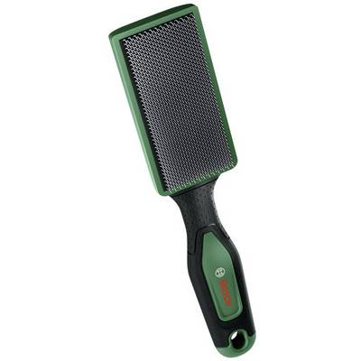 Ein grüner und schwarzer tragbarer Holzbearbeitungshobel mit einer strukturierten Metalloberfläche und ergonomischem Griff.