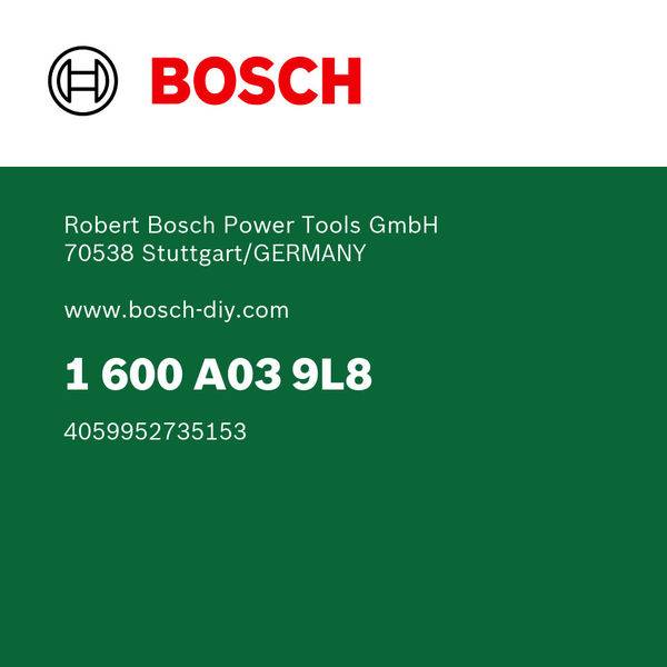Bosch-Etikett mit der Aufschrift „Robert Bosch Power Tools GmbH" und dem Code „1 600 A03 9L8" mit Kontaktinformationen in Stuttgart, Deutschland.