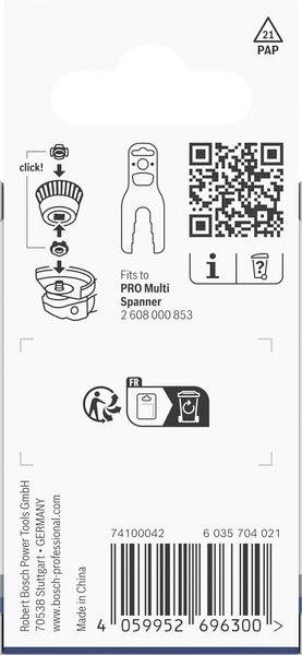 # Verpackung für ein Bosch-Werkzeugzubehör. Enthält QR-Code, Werkzeugkompatibilitätsinformationen, Recycling-Symbole und Website-Link für weitere Details.