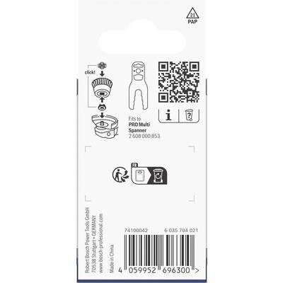 # Verpackung für ein Bosch-Werkzeugzubehör. Enthält QR-Code, Werkzeugkompatibilitätsinformationen, Recycling-Symbole und Website-Link für weitere Details.