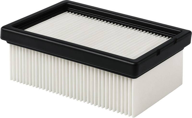 Rechteckiger Luftfilter mit gefalteten weißen Papierfasern und schwarzem Rahmen, der zum Abfangen von Staub und Partikeln in Geräten oder Fahrzeugen verwendet wird.