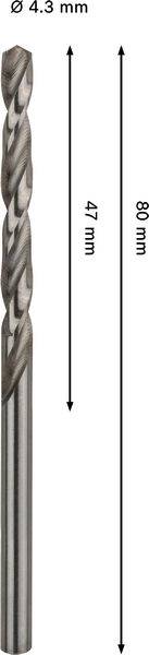 Ein metallischer Bohrer hat eine Gesamtlänge von 80 mm und einen Durchmesser von 4,3 mm, wobei der Spanleipenbereich zum Bohren 47 mm beträgt.