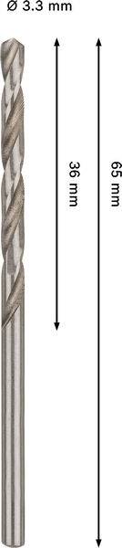 Ein Metallbohraufsatz mit einer Gesamtlänge von 65 mm und einem Nuttenteil von 36 mm. Der Durchmesser ist mit 3,3 mm gekennzeichnet.