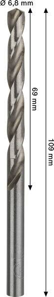 Ein Nahaufnahmebild eines Bohrers mit Messangaben: 6,8 mm Durchmesser, Schaftlänge 69 mm und Gesamtlänge 108 mm.