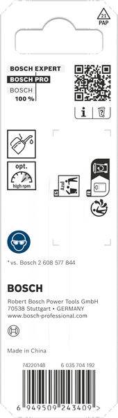 „Bosch Expert" Werkzeugverpackungsetikett mit Produktcodes, QR-Code und Gebrauchsanweisung. Hergestellt von Robert Bosch Power Tools GmbH. Hergestellt in China.