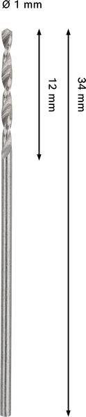 Ein Bohrmeißel mit einem Durchmesser von 1 mm, einer Schneidlänge von 12 mm und einer Gesamtlänge von 34 mm.