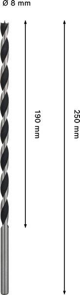 Ein Bohrer mit einem Durchmesser von 8 mm, einer Schnittlänge von 190 mm und einer Gesamtlänge von 250 mm.