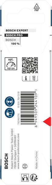 „Bosch Expert" und „Bosch Pro" Bezeichnungen auf Produktverpackungen mit QR-Code, Sicherheitssymbolen und Barcode. Weist auf Qualität und Haltbarkeit hin.