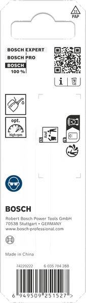 Rückseite der Verpackung mit Bosch-Branding, Kontaktinformationen, QR-Code und Symbolen, die Produktmerkmale und Recyclinganweisungen anzeigen. Hergestellt in China.