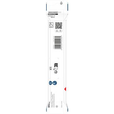 Verpackung für ein Bosch Expert Werkzeugzubehör mit Logos, Barcode, QR-Code und Verwendungssymbolen.