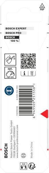 Rückseite einer Bosch-Werkzeugproduktverpackung mit Barcode, QR-Code und Recycling-Symbol. Listet Produktserien auf: „Bosch Expert", „Bosch Pro" und „Bosch 100%".