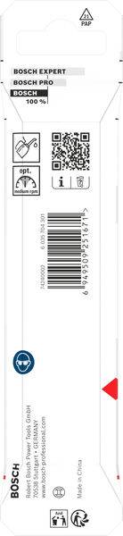 Eine Bosch-Produktverpackung mit QR-Code, Barcode und Recycling-Symbol. Erwähnt „Bosch Pro", „Expert", 100 % und Made in China.