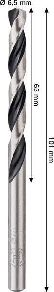 Ein Metallbohrer mit einem Durchmesser von 6,5 mm, einer Gesamtlänge von 101 mm und einer Schneidenlänge von 63 mm, das die Längenmessungen und das Schneidendesign zeigt.