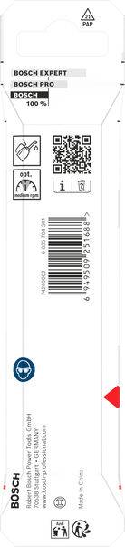 „Bosch Expert"-Werkzeugverpackung mit QR-Code, Recycling-Symbol und Kennzeichnung „Made in China". Enthält Produktreferenznummer und Strichcode.