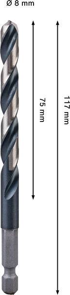 Bohrer, 8 mm Durchmesser, mit Abmessungen: 75 mm und 117 mm.