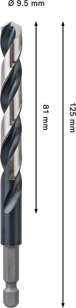 Ein Metallbohrer mit einem Durchmesser von 9,5 mm, einer Schnittlänge von 81 mm und einer Gesamtlänge von 125 mm.