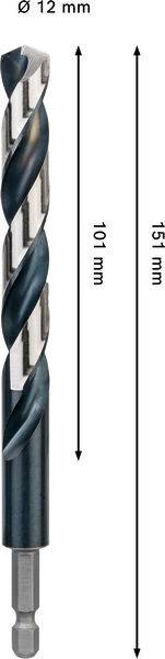Ein Spiralbohrer mit zwei Spiralnuten, silber und schwarz. Angegebene Maße: Gesamtlänge 151 mm, Spiralteil 101 mm, Durchmesser 12 mm.