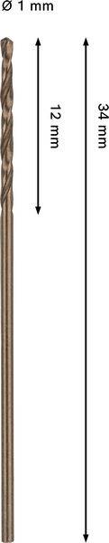 Ein Bohraufsatz mit einem Durchmesser von 1 mm, einer Gesamtlänge von 34 mm und einer Spirallänge von 12 mm.