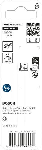 'Bosch Pro Expert Verpackungsetikett mit Recycling-Symbolen, Produktinformationen einschließlich Bosch-Branding und QR-Code für weitere Details.'