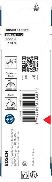 „Bosch Expert" Verpackung für Schneidblätter, QR-Code, Materialkompatibilitätssymbole (Edelstahl, Stahl), Recyclinginformationen, hergestellt in China.