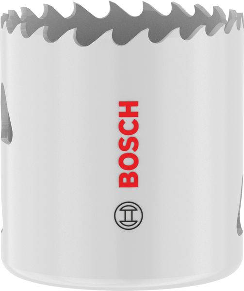 Ein zylindrisches Metallschneidewerkzeug mit gezackten Zähnen, das den Markennamen „Bosch" in rotem Text trägt.