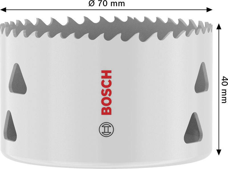Eine weiße Bosch-Lochsäge mit gezackten Zähnen, mit einem Durchmesser von 70 mm und einer Höhe von 40 mm, wird mit Größenangaben dargestellt.