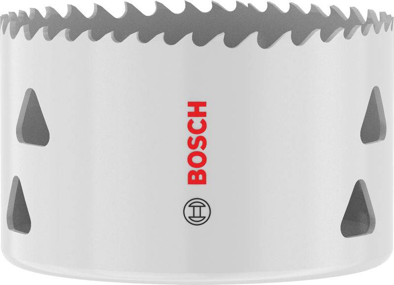 Ein zylindrisches Sägeblatt mit scharfen Zähnen, gekennzeichnet mit „Bosch", zum Schneiden von kreisförmigen Löchern in Materialien wie Holz oder Metall.