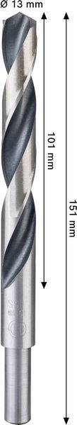 Ein Metallbohrer mit einem Durchmesser von 13 mm, einer Schnittlänge von 101 mm und einer Gesamtlänge von 151 mm.