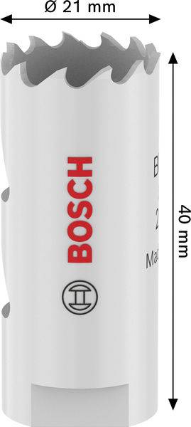 Eine weiße zylindrische Bosch-Lochsäge mit Sägezähnen an der Oberseite und gekennzeichneten Abmessungen: „Ø 21 mm" Breite und „40 mm" Höhe.