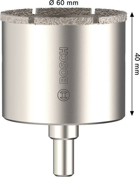 Diamantlochsäge-Bohrer, 60 mm Durchmesser und 40 mm Tiefe, mit der Bezeichnung „Bosch". Für präzises Schneiden in harten Materialien ausgelegt.