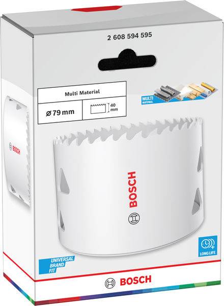 Bosch Lochsägen-Verpackung mit einem Durchmesser von 79 mm und einer Schnitttiefe von 40 mm. Geeignet für das Schneiden von Mehrschichtmaterialien. Enthält die Symbole "Universal Brand Fit" und "Long Life".