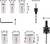 Lochsägen-Set bestehend aus 19-mm-, 22-mm-, 29-mm-, 38-mm-, 44-mm- und 57-mm-Sägen, Sechskantschlüssel und zwei Bohrern, mit beschrifteten Abmessungen, Marke Bosch.