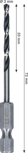 Ein 3-mm-Bohrer mit einer Beschriftung von 33 mm Spitze und 72 mm Länge.