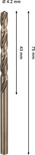 Ein 4,2 mm Bohrer mit zwei Pfeilen, die seine Gesamtlänge von 75 mm und einen Spiralbereich von 43 mm anzeigen.