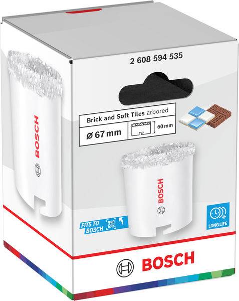 Bosch-Paket für ein 67-mm-Diamantbohrkronen-Schneidewerkzeug, geeignet für Ziegel und weiche Fliesen, mit einer „Passt zu Bosch"-Kennzeichnung und abgebildeten Fliesen.