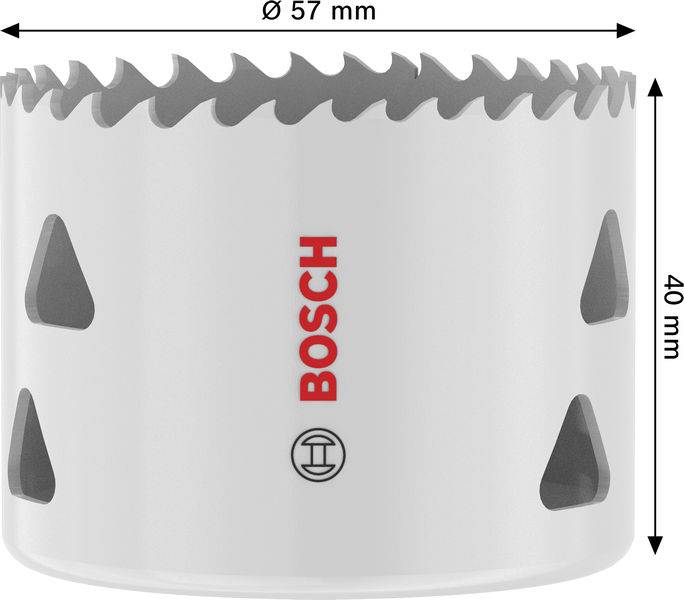 Eine weiße Bosch-Lochsäge mit gezackten Kanten, gemessen mit einem Durchmesser von 57 mm und einer Höhe von 40 mm, mit einem Logo und dreieckigen Ausschnitten.